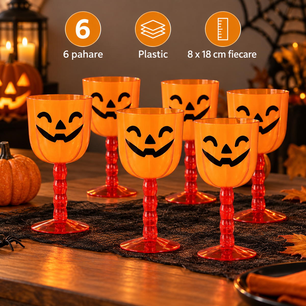 Set De 6 Pahare Dovleac Cu Picior Pentru Halloween - specificatii - Shopiens