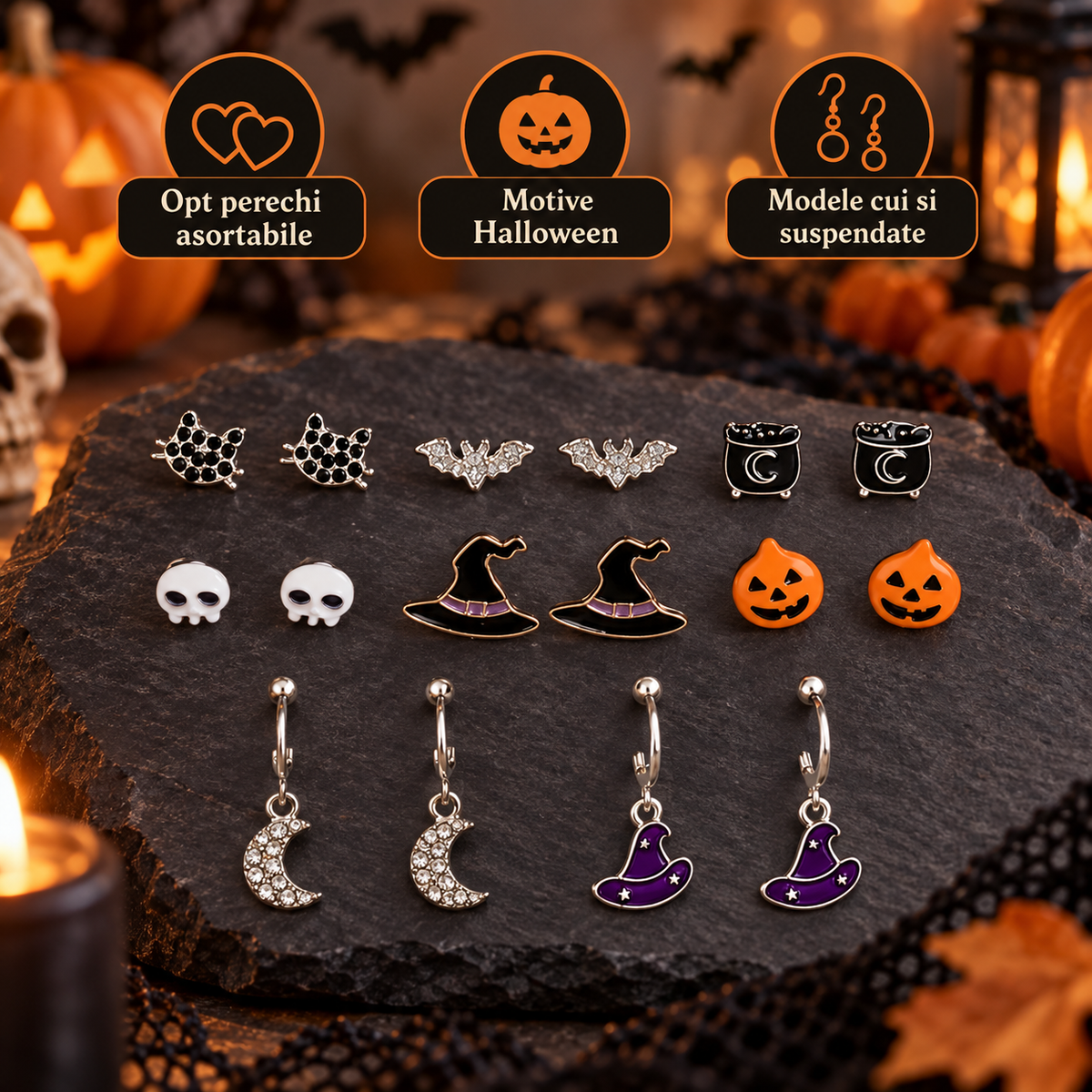 Set De 8 Perechi De Cercei Cu Simboluri Halloween - avantaje - Shopiens