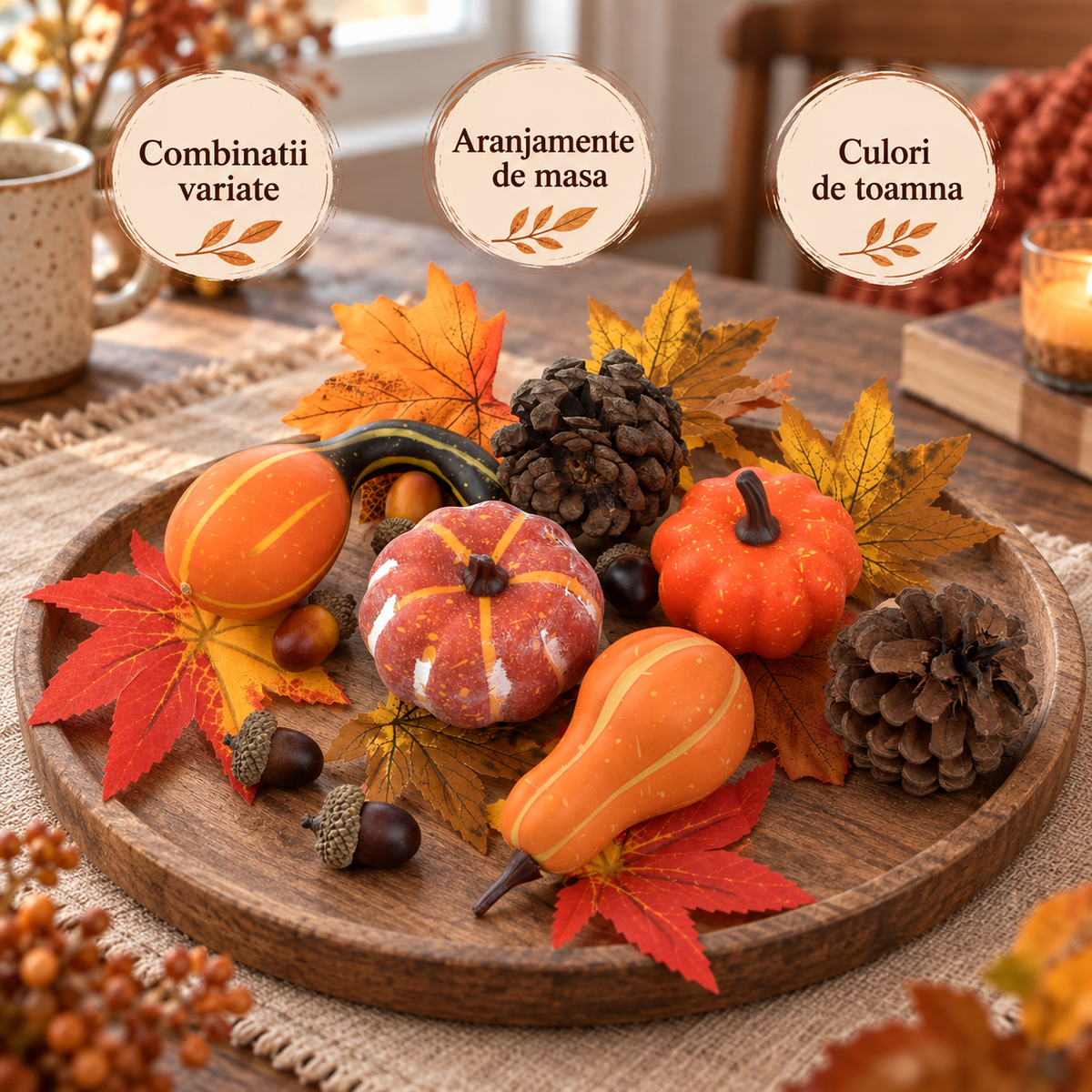 Set Decorativ De Toamna Cu Dovleci Si Ghinde, 17 Piese - avantaje - Shopiens