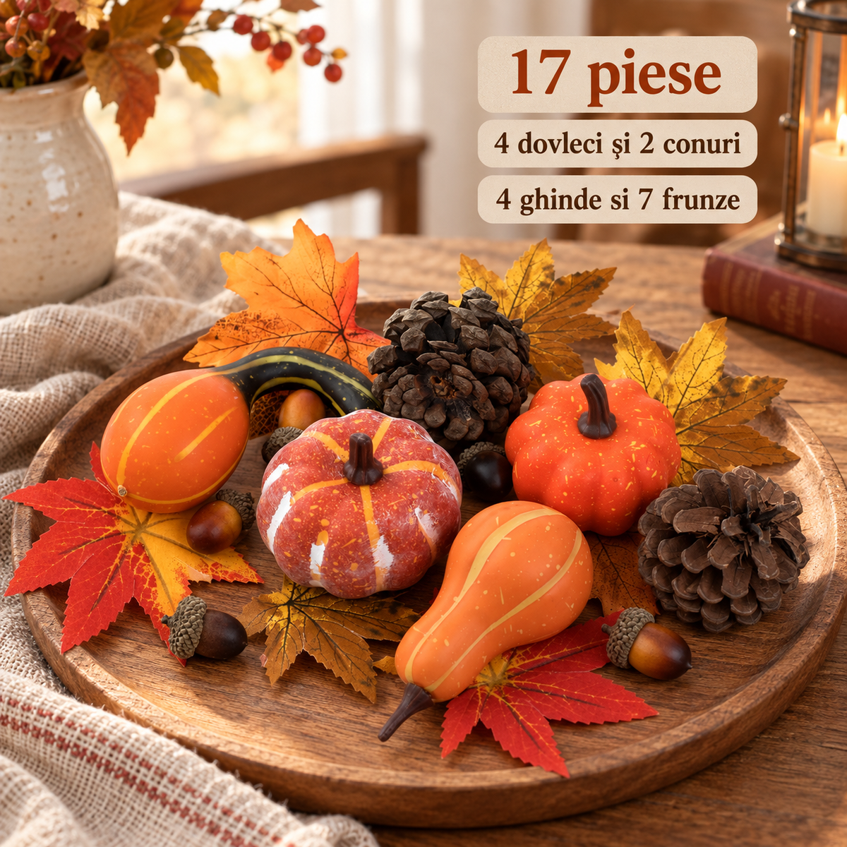 Set Decorativ De Toamna Cu Dovleci Si Ghinde, 17 Piese - specificatii - Shopiens