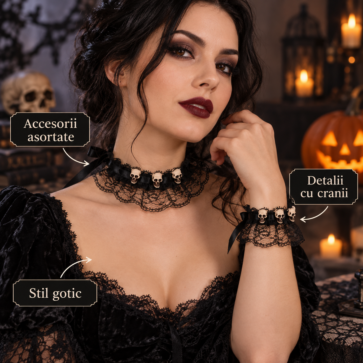Set Gotic Cu Choker Si Bratara Din Dantela Cu Cranii - avantaje - Shopiens