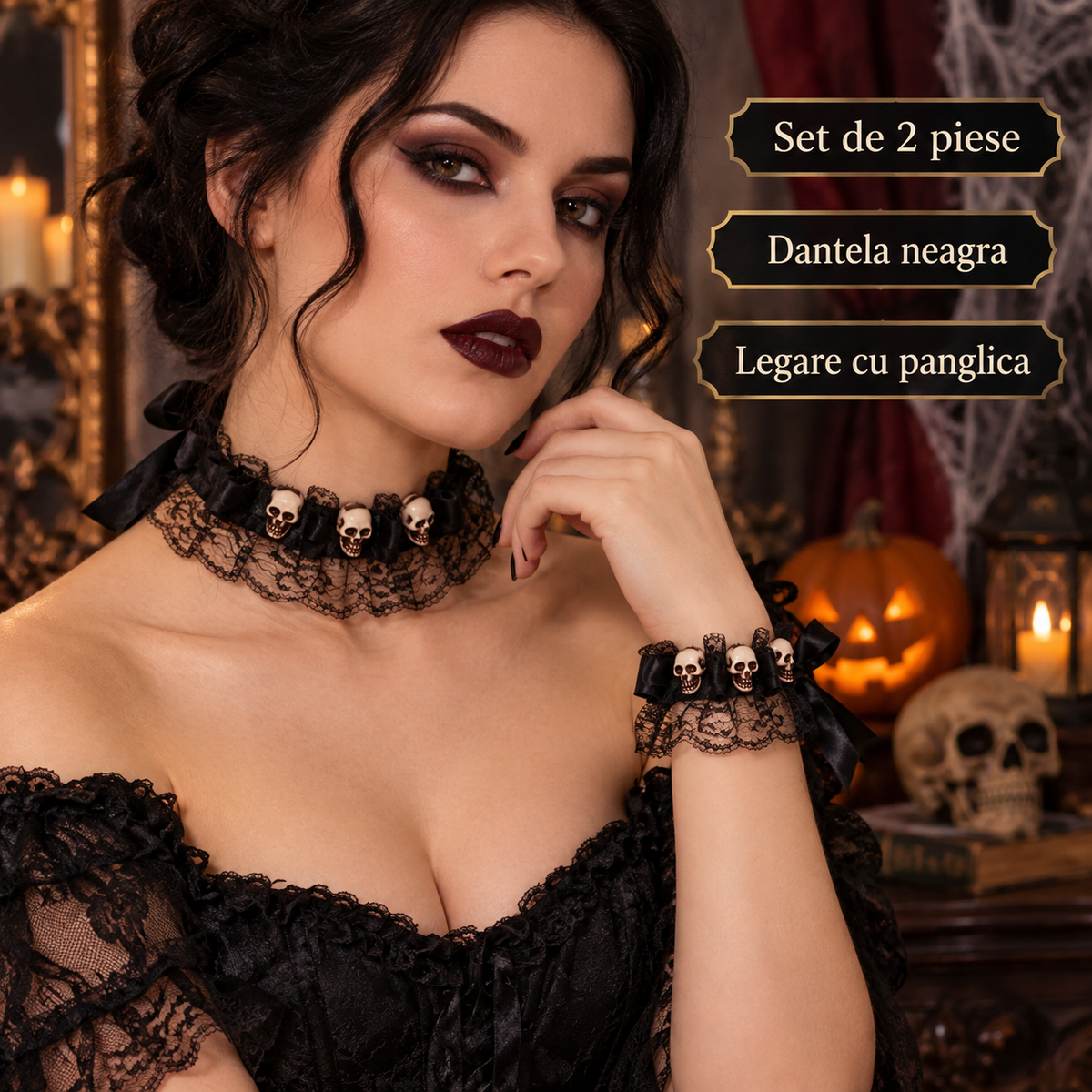 Set Gotic Cu Choker Si Bratara Din Dantela Cu Cranii - specificatii - Shopiens