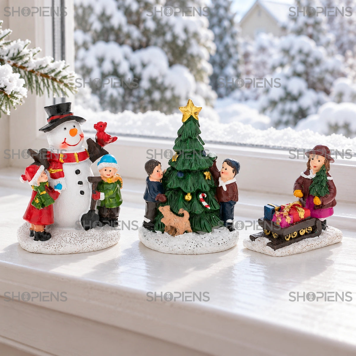 Set de scene cu copii, om de zăpadă și săniuță, 3 piese pe pervazul ferestrei, într-un decor de iarnă | Shopiens®