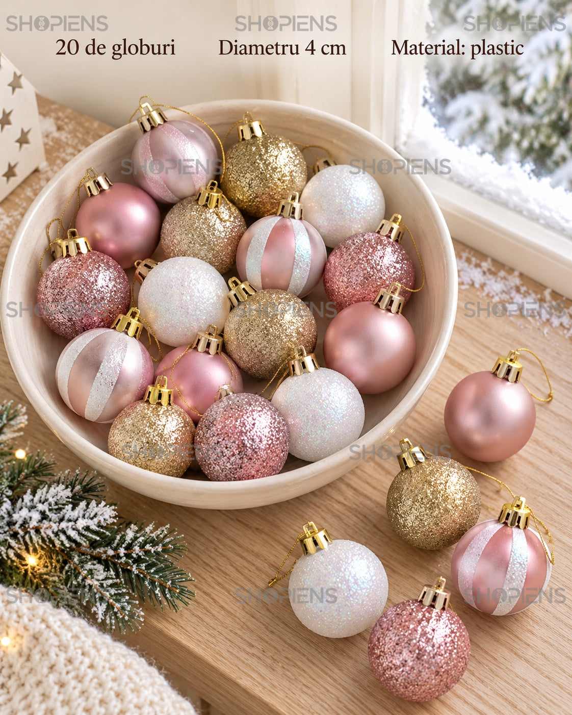 Set 20 globuri roz, albe și șampanie, 4 cm – specificații 4 cm, plastic – Shopiens
