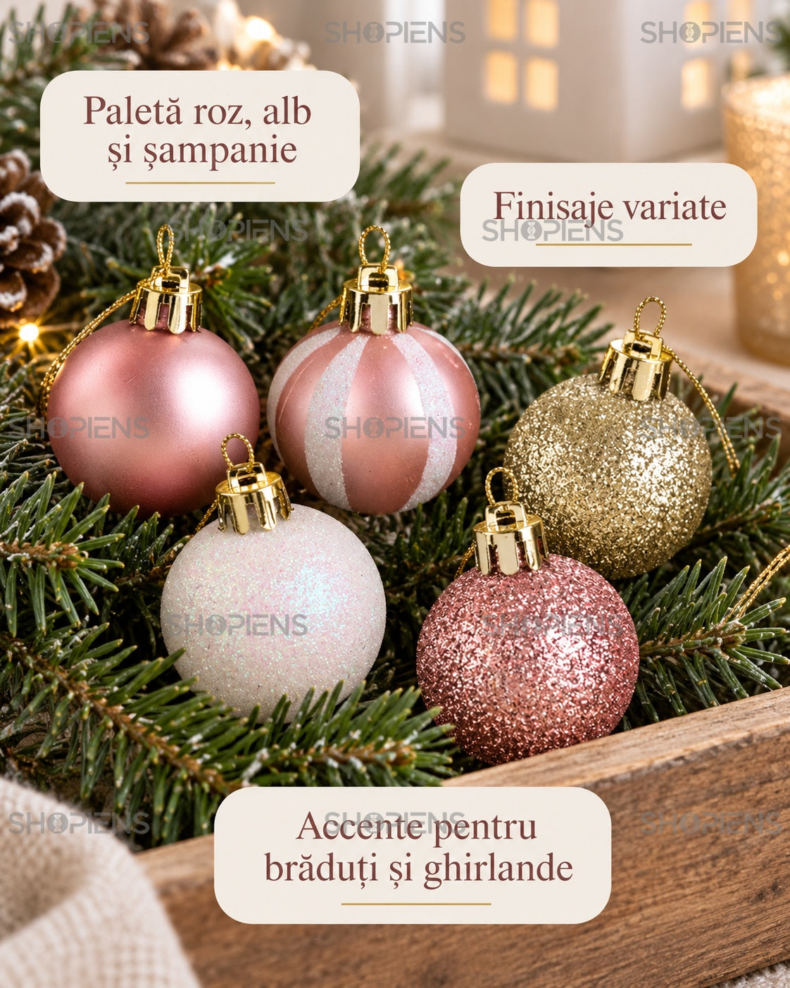 Set 20 globuri roz, albe și șampanie, 4 cm – paletă și finisaje – Shopiens
