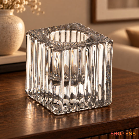 Sfeșnic Cubic din Sticlă cu Striații Verticale, 4 cm
