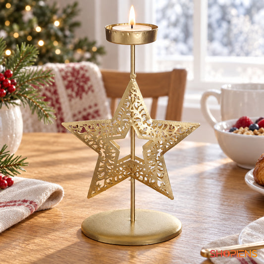 Sfeșnic de Crăciun auriu cu stea decupată, 17 cm | Shopiens
