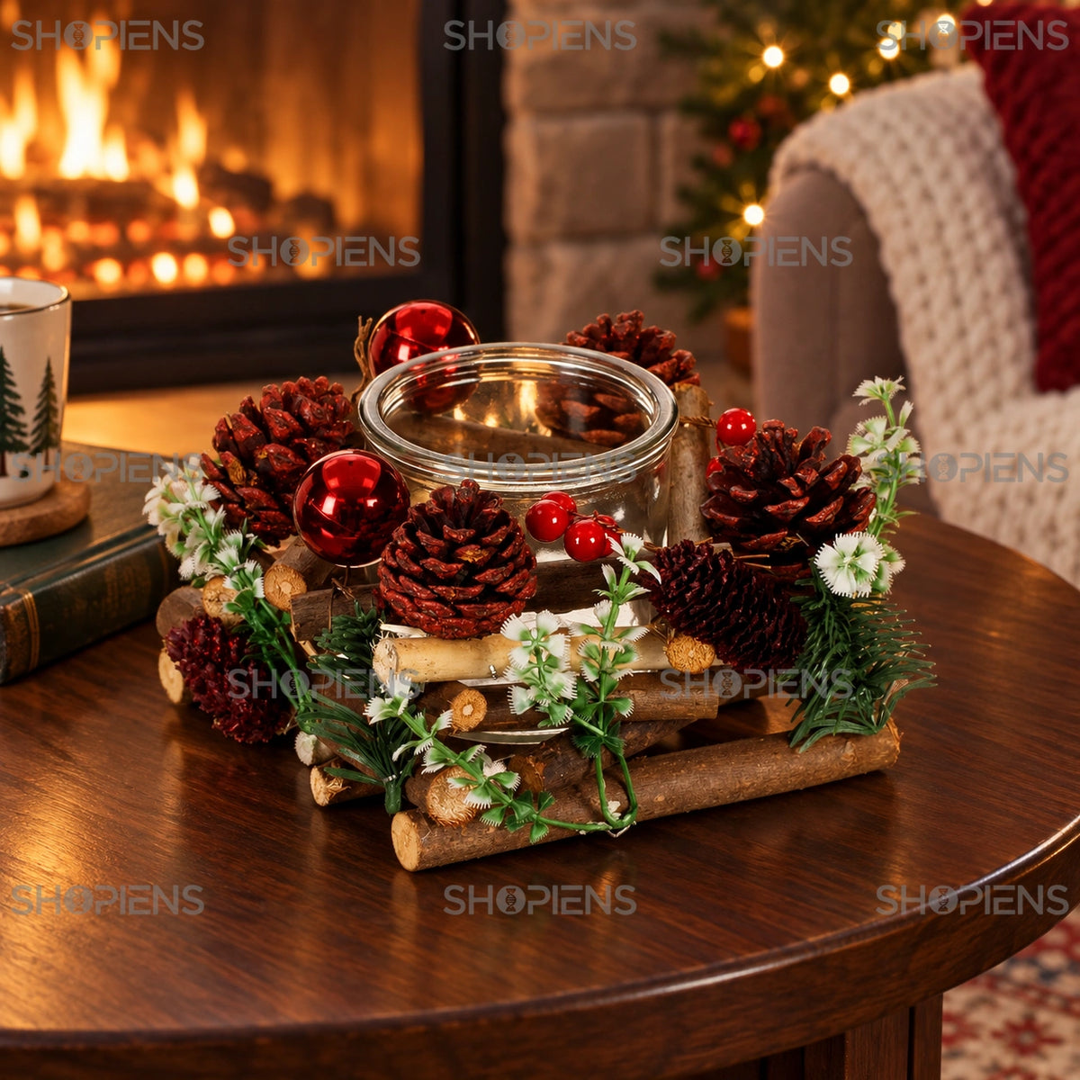 Sfeșnic rustic cu globuri roșii și conuri, 15 cm în decor cald lângă șemineu | Shopiens®