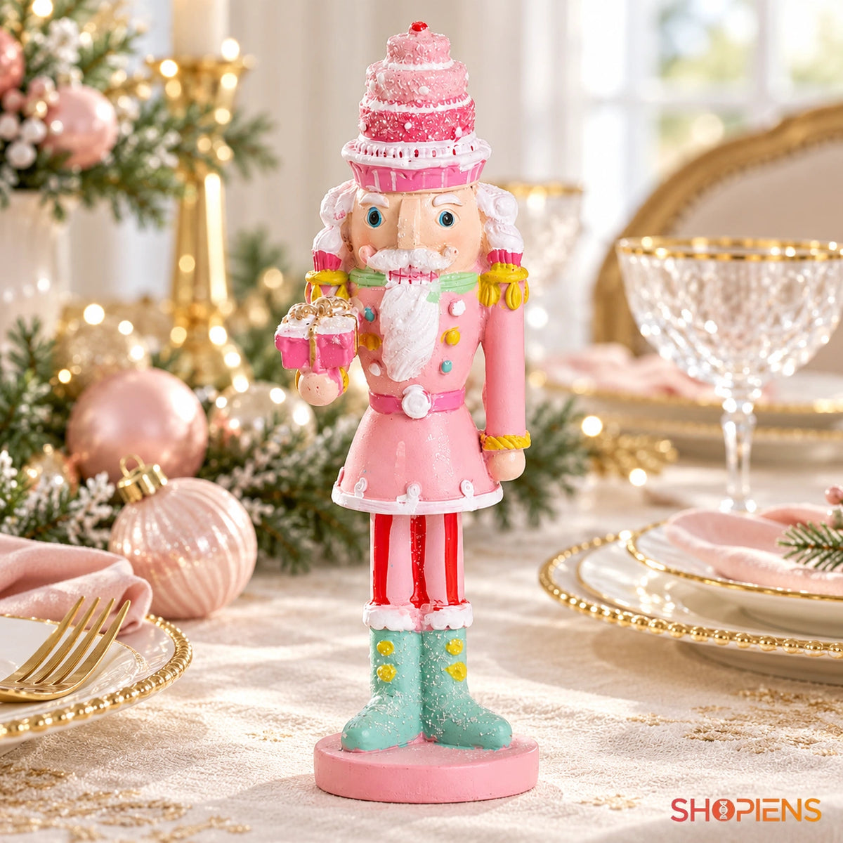 Soldat decorativ cu pălărie tort și cizme verzi, 18 cm pe o masă festivă, în lumină naturală | Shopiens®