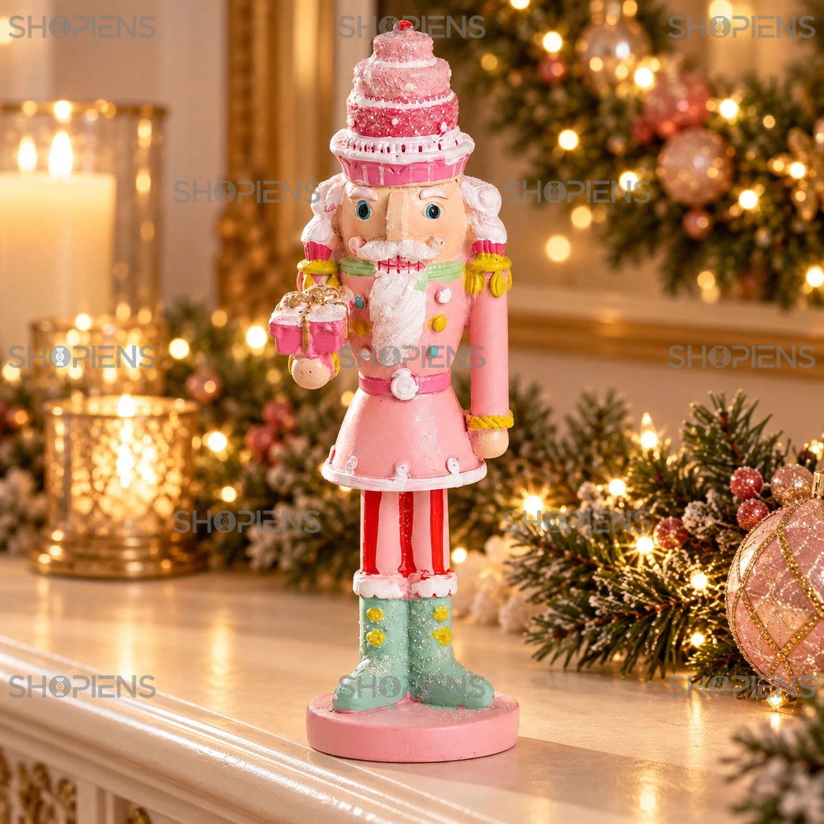 Soldat decorativ cu pălărie tort și cizme verzi, 18 cm într-un decor de seară cu lumini de Crăciun | Shopiens®