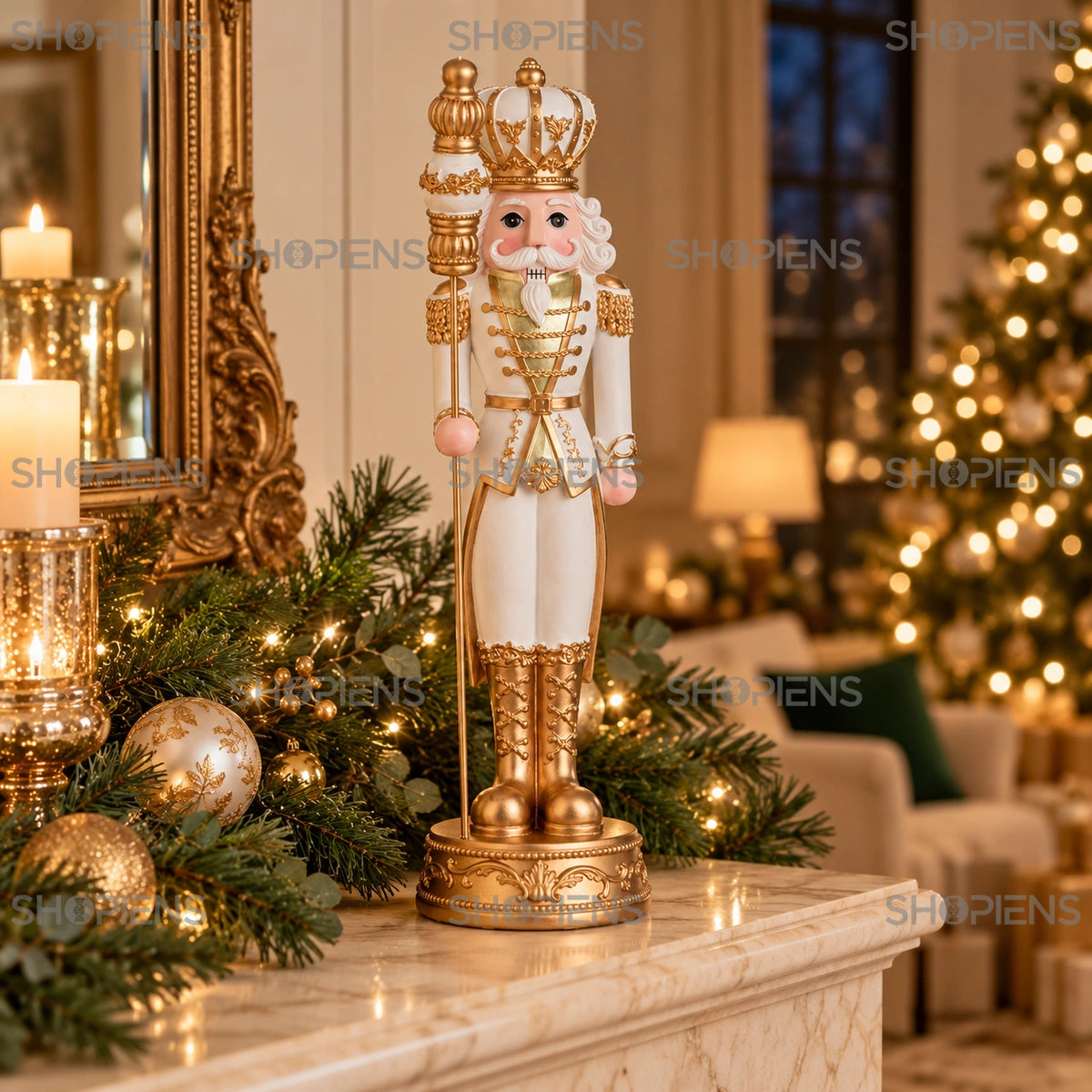 Soldat-rege alb și auriu cu sceptru, 42 cm pe șemineu, într-un decor de seară cu lumini festive | Shopiens®