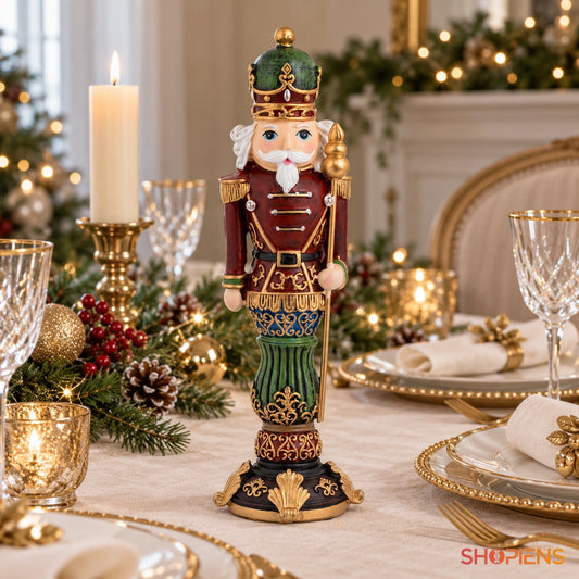Soldat vintage cu uniformă roșie și sceptru, 27 cm pe masa festivă, în lumină naturală | Shopiens®