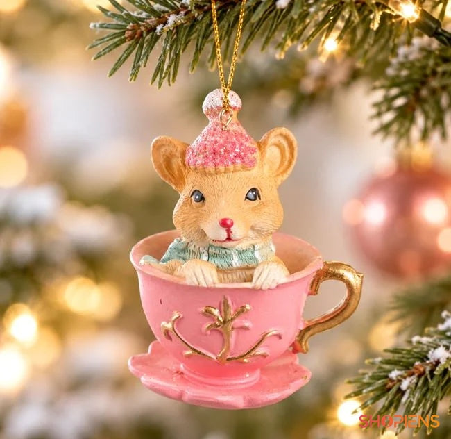 Șoricel în ceașcă roz cu mâner auriu, 8,5 cm, în brad, decor neinclus | Shopiens®