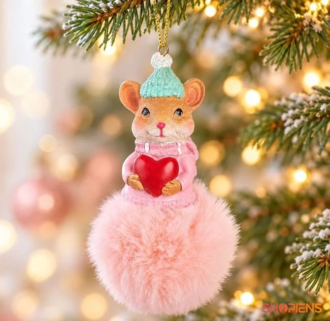 Șoricel cu inimă și pompon roz, 10 cm, în brad, decor neinclus | Shopiens®