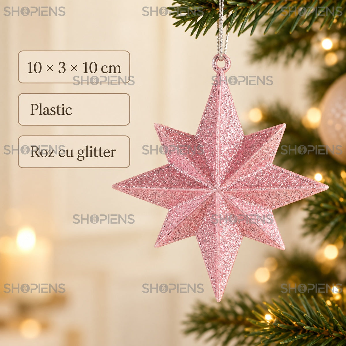 Ornament stea roz fațetată pentru brad, 10 cm – specificații – Shopiens