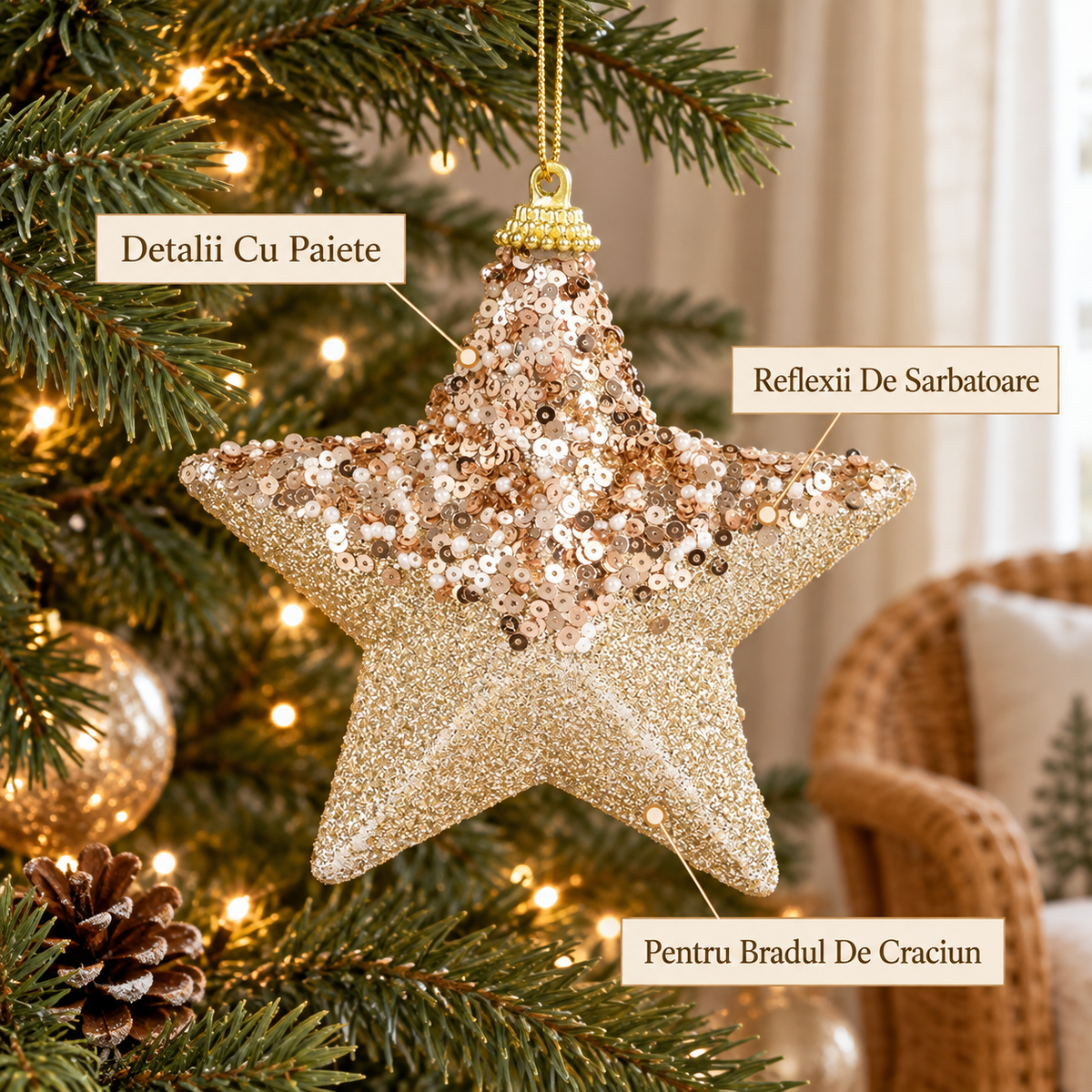 Stea Bej Cu Paiete Si Glitter Pentru Brad 12 Cm - avantaje - Shopiens
