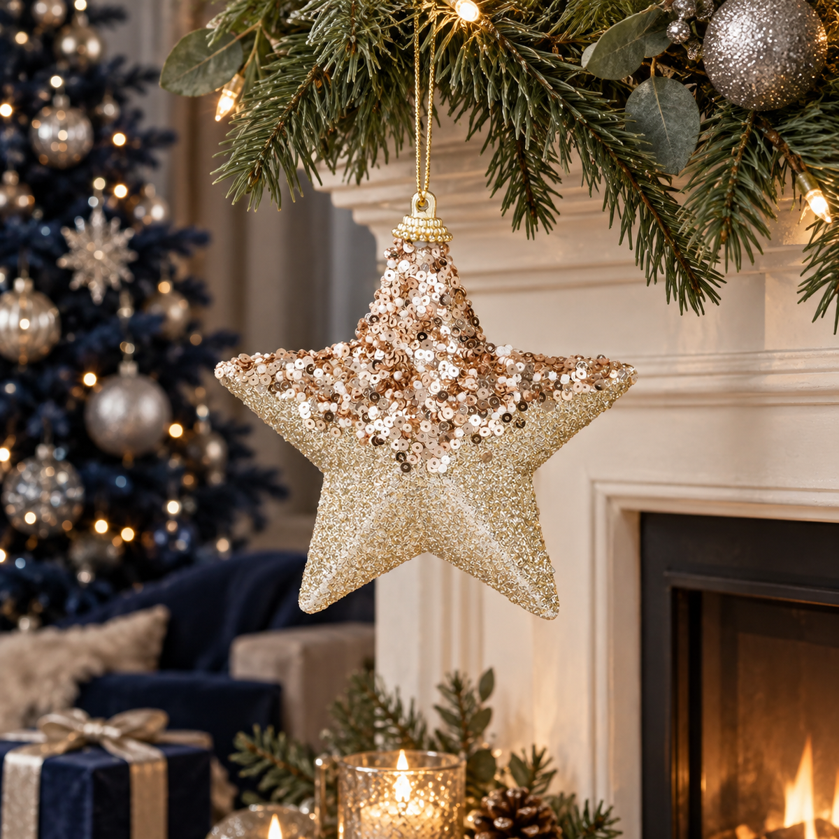 Stea Bej Cu Paiete Si Glitter Pentru Brad 12 Cm - in folosinta 1 - Shopiens