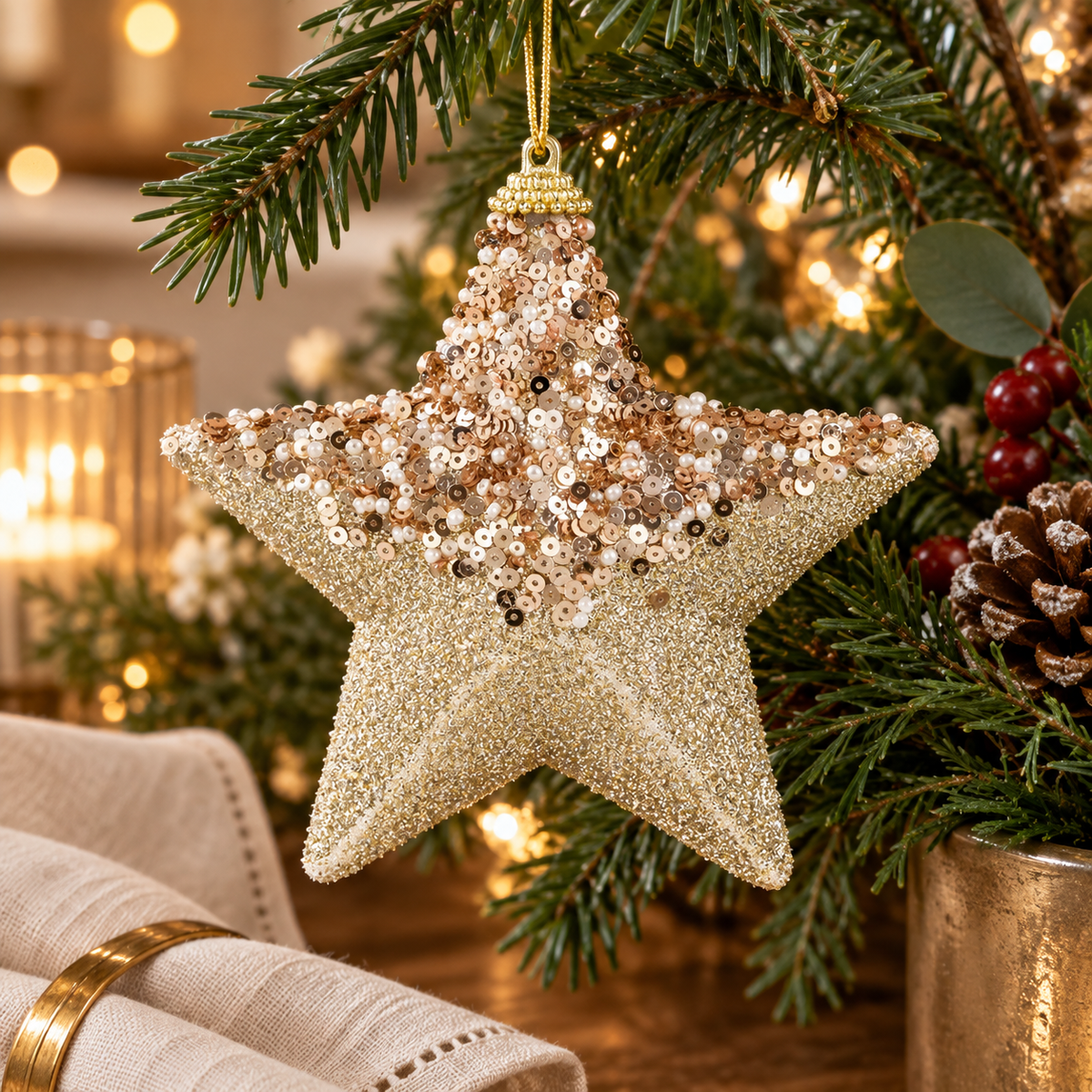 Stea Bej Cu Paiete Si Glitter Pentru Brad 12 Cm - in folosinta 2 - Shopiens