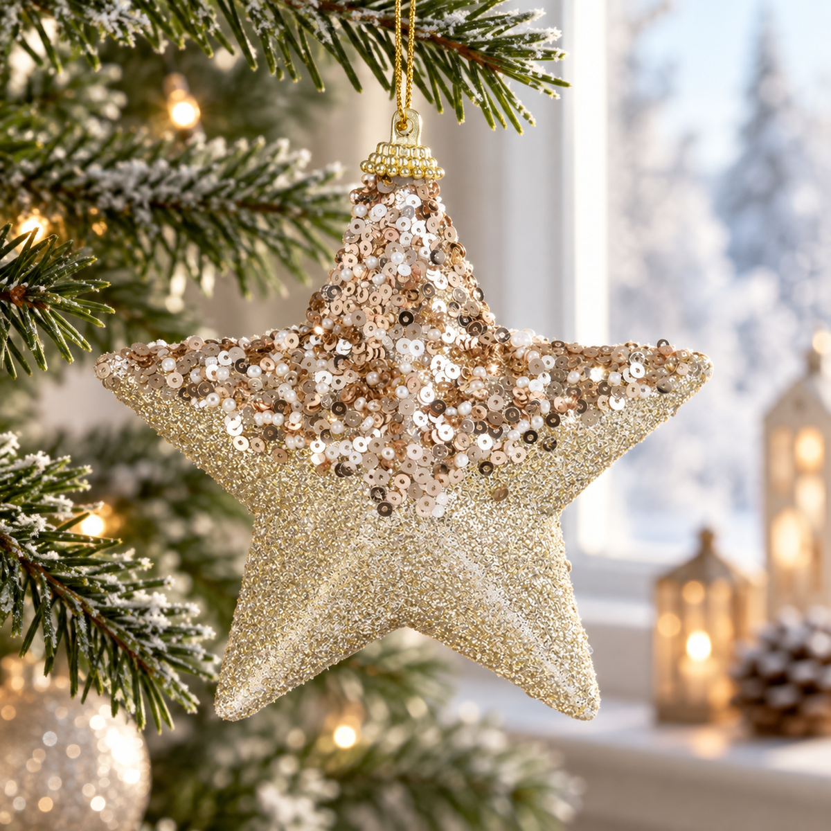 Stea Bej Cu Paiete Si Glitter Pentru Brad 12 Cm - lifestyle principala - Shopiens