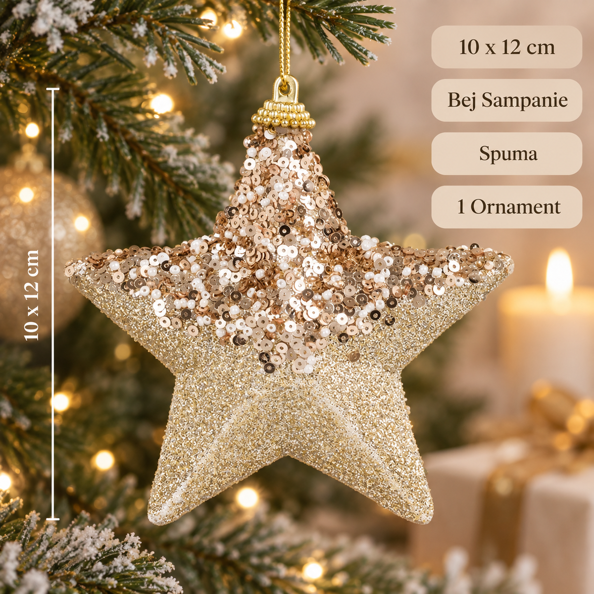 Stea Bej Cu Paiete Si Glitter Pentru Brad 12 Cm - specificatii - Shopiens
