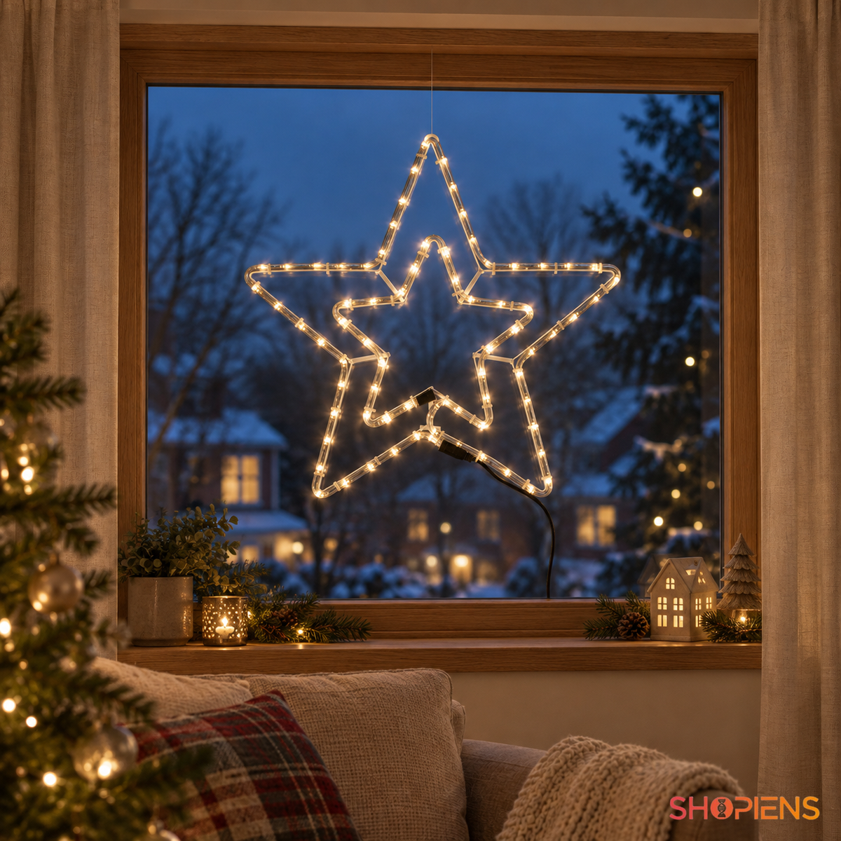 Stea dublă LED alb cald, 56 × 56 cm, la fereastra unui living | Shopiens®