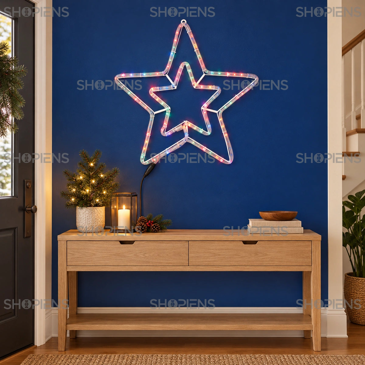 Stea dublă luminoasă multicoloră deasupra unei console din stejar | Shopiens®