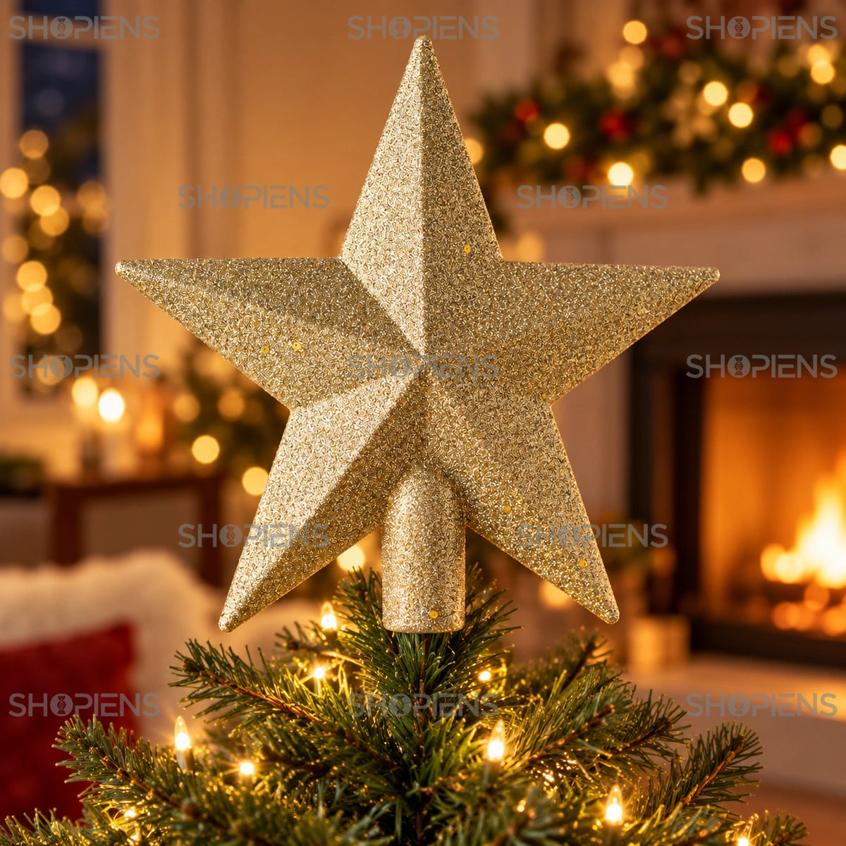Stea șampanie cu paiete pentru vârful bradului, 20 cm în vârful bradului, într-un decor de seară cu lumini calde | Shopiens®