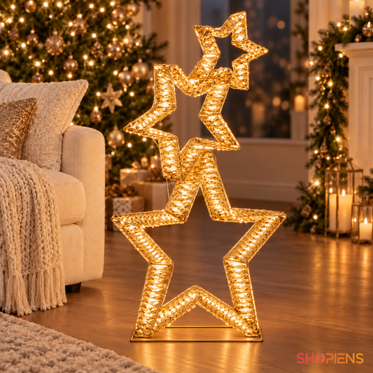 Stea triplă luminoasă șampanie cu 350 LED-uri și temporizator, 82 cm | Shopiens