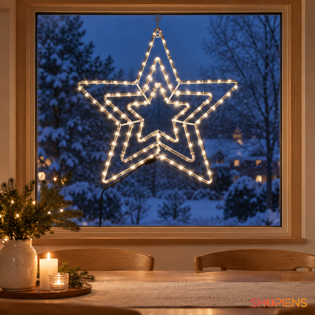 Stea triplă LED alb cald, 63 × 63 cm, la fereastra sufrageriei | Shopiens®