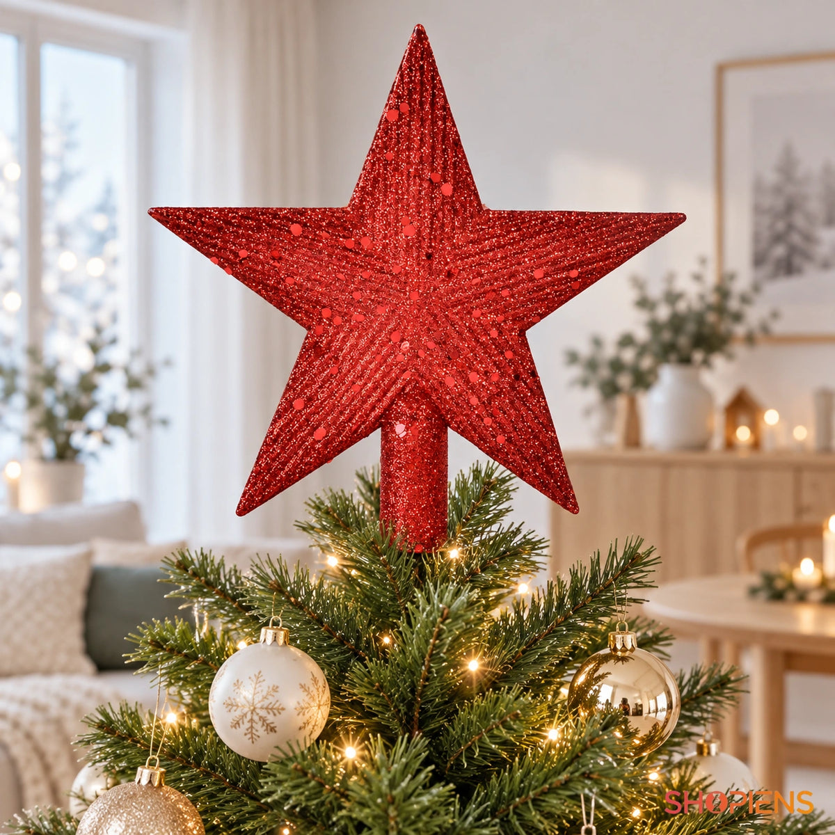 Stea roșie pentru vârful bradului cu paiete, 22 cm în coroana bradului, lângă fereastră, în lumină de zi | Shopiens®