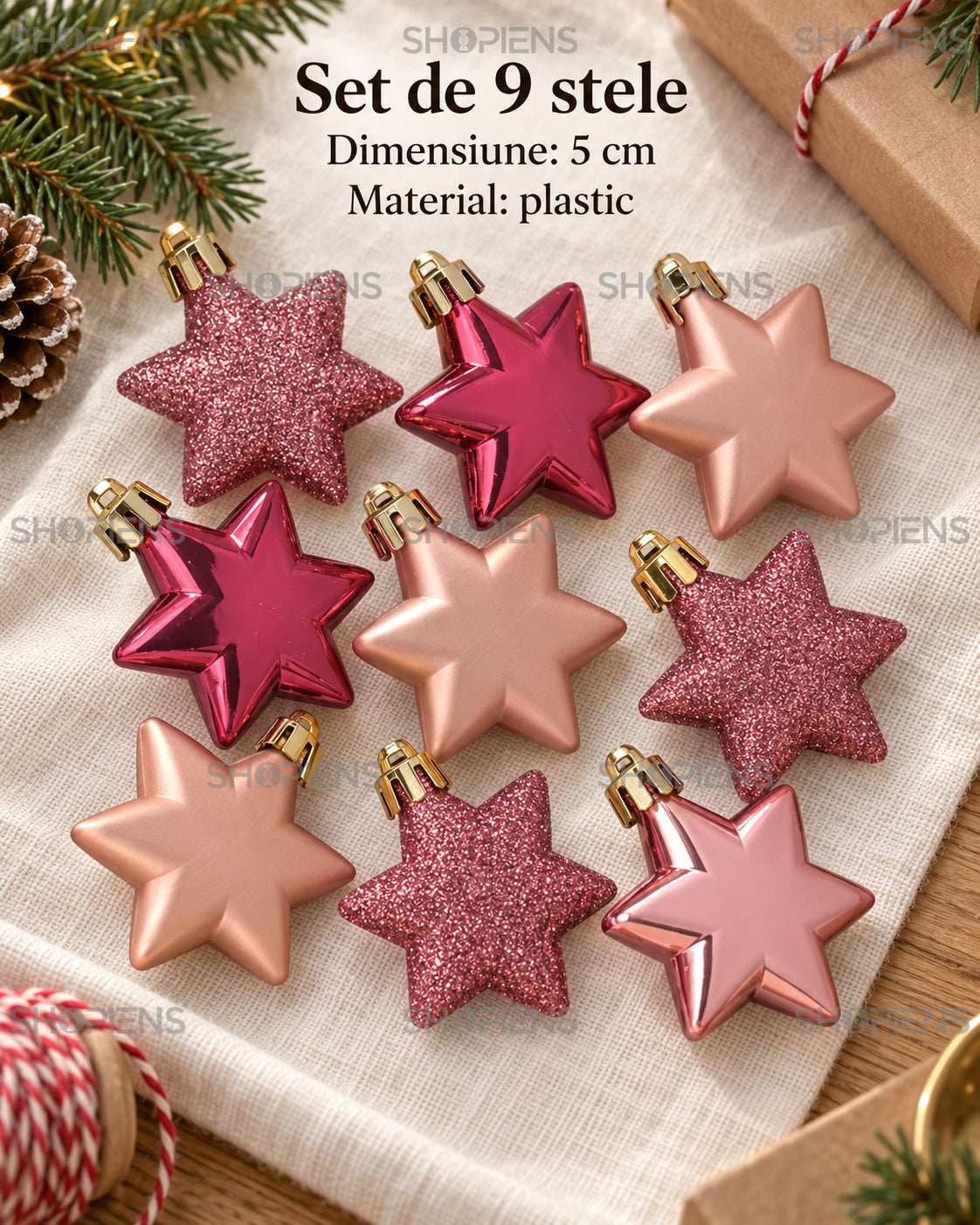 Set 9 stele roz-auriu cu finisaje mixte, 5 cm – specificații și conținut – Shopiens