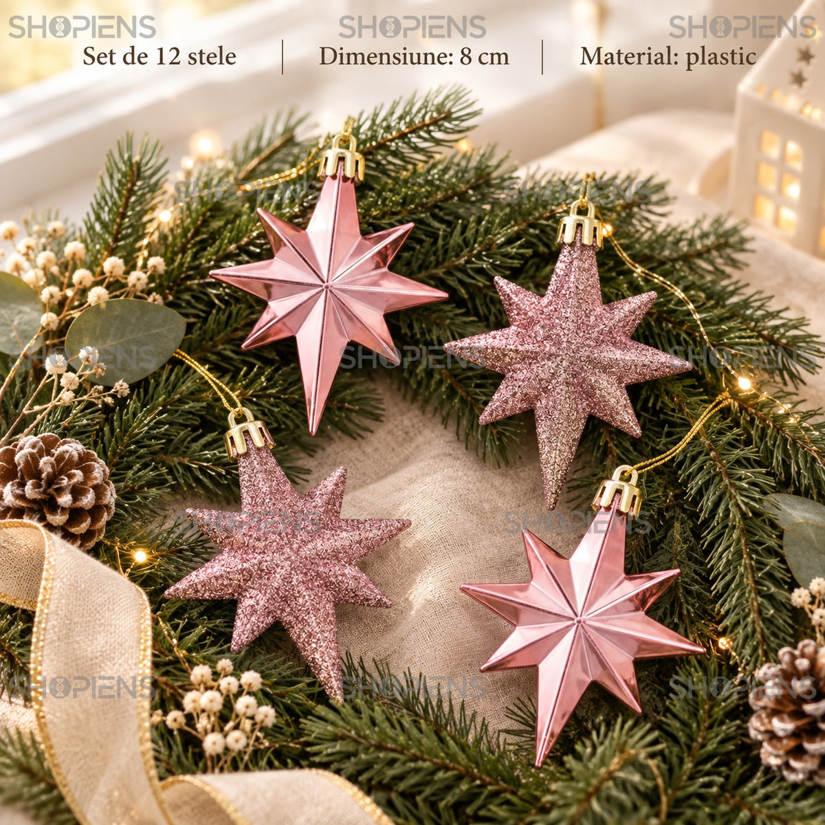 Stele roz alungite pentru brad, set 12, 8 cm – specificații – Shopiens