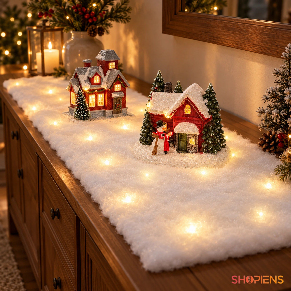 Stofă albă cu LED pentru satul de Crăciun, 150 × 50 cm folosită în satul de Crăciun, lângă două căsuțe cu LED; decor neinclus | Shopiens®