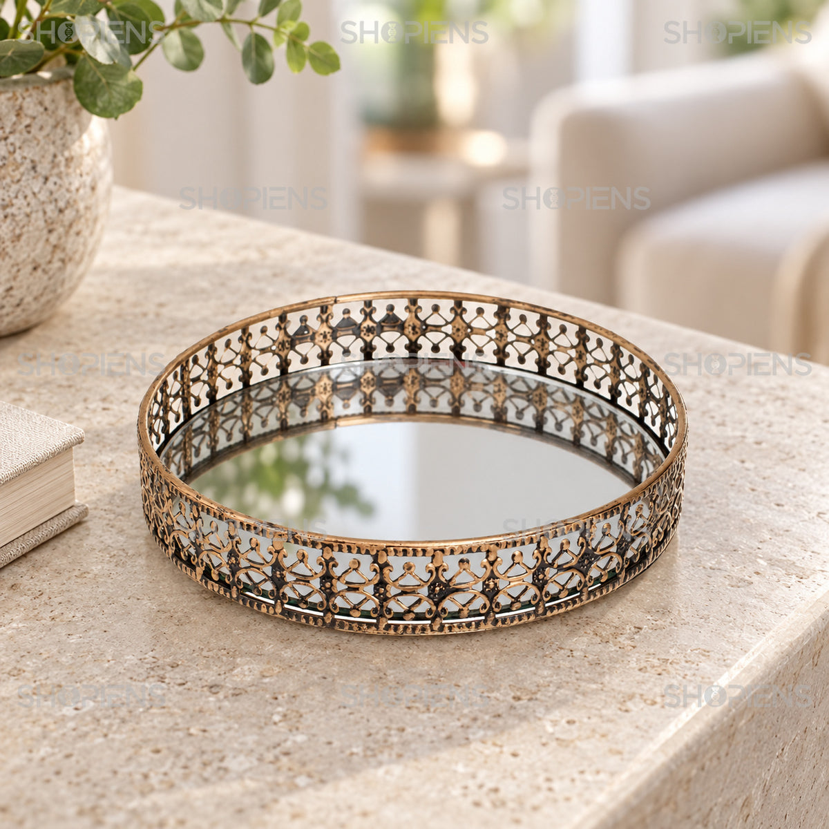Suport de Lumânare Bronz cu Oglindă și Margine Ajurată, 12 cm