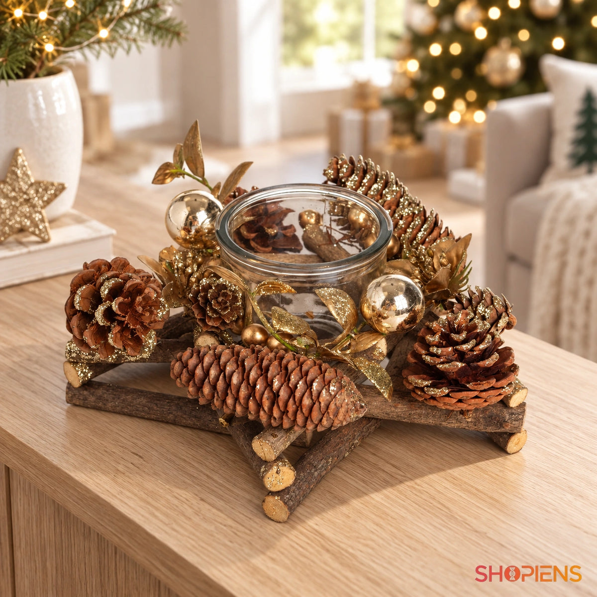 Suport de lumânare cu globuri aurii, 24 cm în decor de Crăciun lângă fereastră | Shopiens®