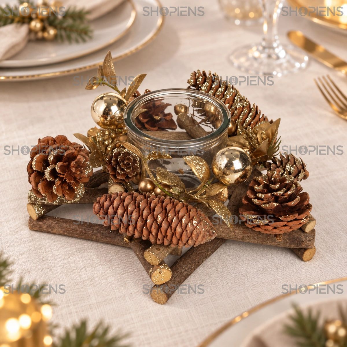 Suport de lumânare cu globuri aurii, 24 cm pe masa festivă de Crăciun | Shopiens®