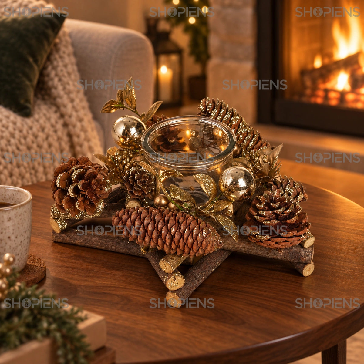 Suport de lumânare cu globuri aurii, 24 cm în decorul unei camere de sărbători | Shopiens®