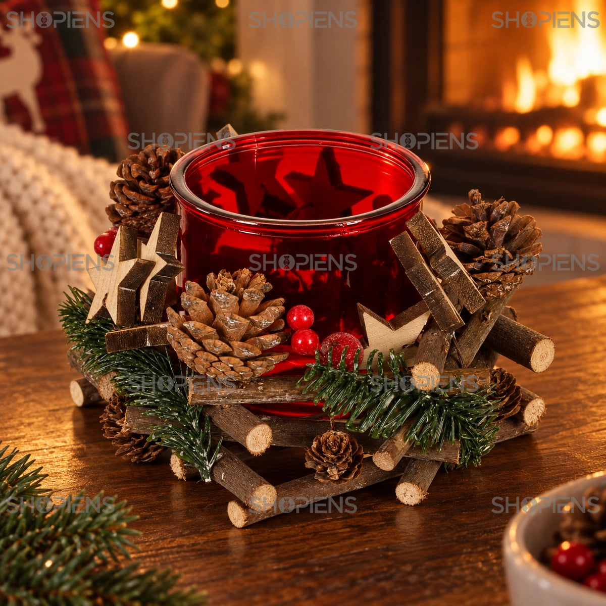 Suport de lumânare cu pin, conuri și stele, 18 cm în decor cald lângă șemineu | Shopiens®