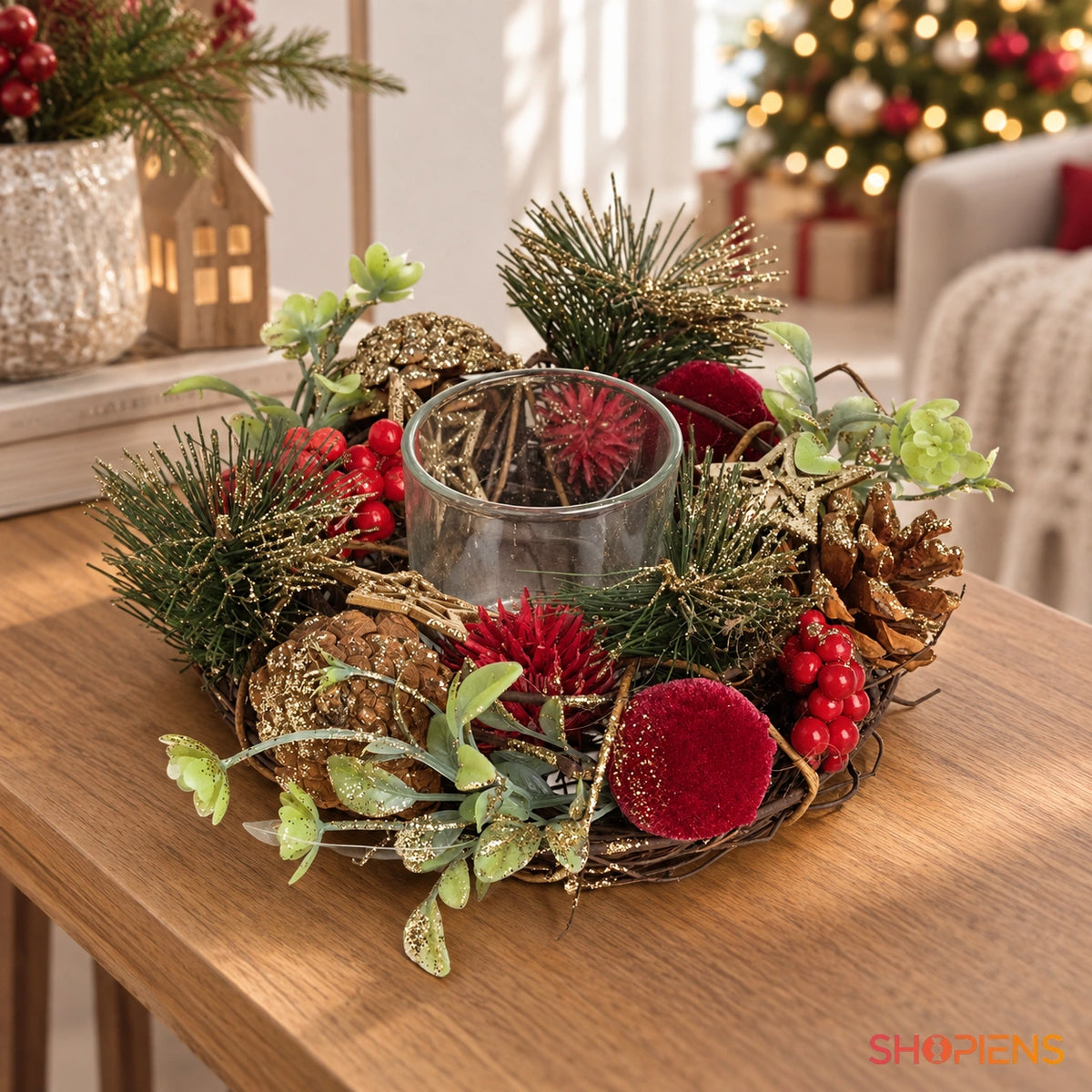 Suport pentru pastilă cu globuri catifelate, 17 cm în decor de Crăciun pe o comodă din lemn | Shopiens®