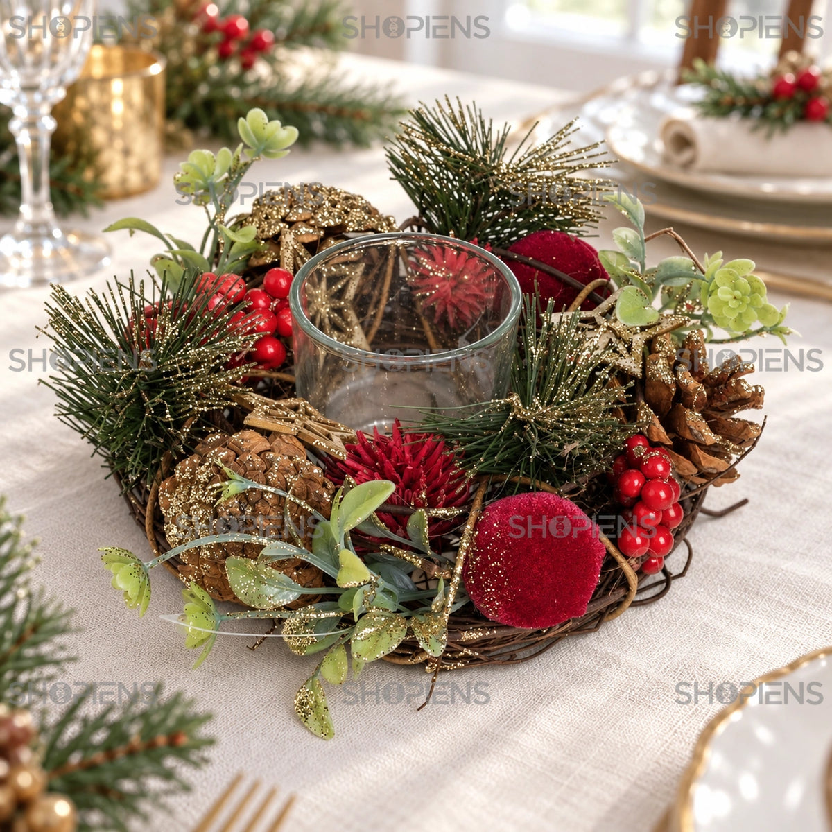Suport pentru pastilă cu globuri catifelate, 17 cm pe masa festivă de Crăciun | Shopiens®