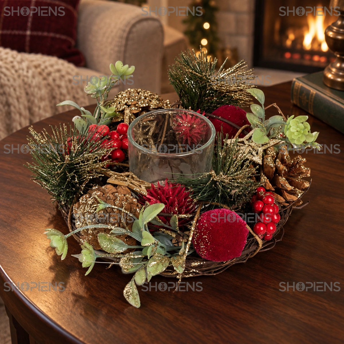 Suport pentru pastilă cu globuri catifelate, 17 cm în decor cald lângă șemineu | Shopiens®