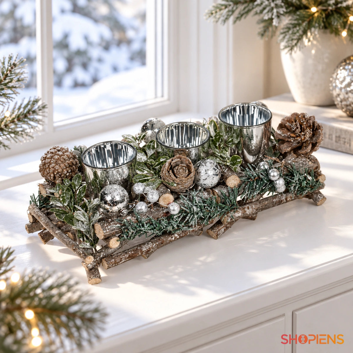 Suport triplu pentru lumânări cu decor argintiu, 28 cm în decor de Crăciun lângă fereastră | Shopiens®