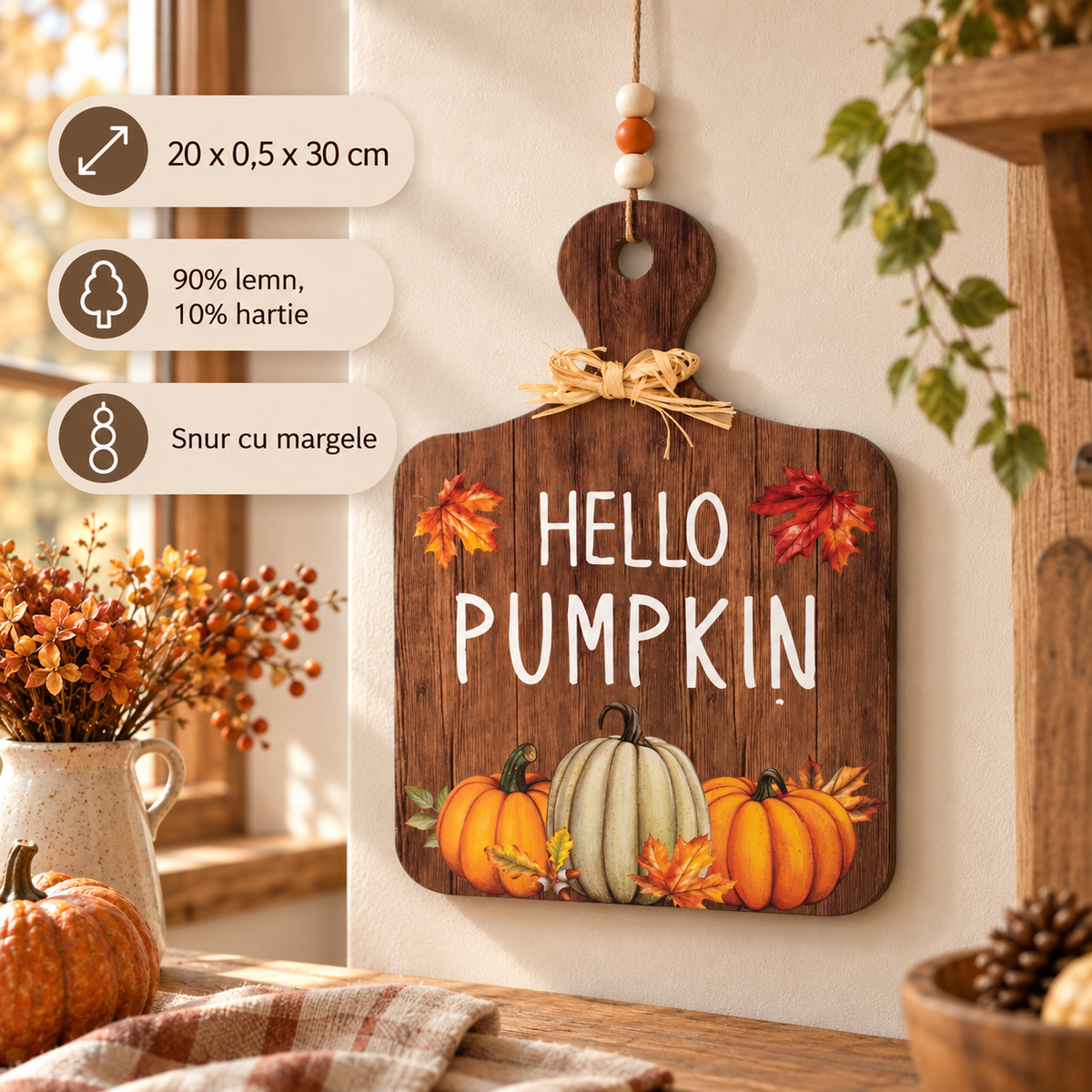 Tablita De Toamna Hello Pumpkin Cu Snur Si Margele - specificatii - Shopiens