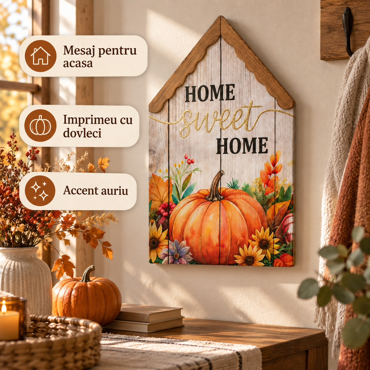 Tablou Casuta Home Sweet Home Cu Dovleci Si Glitter - avantaje - Shopiens