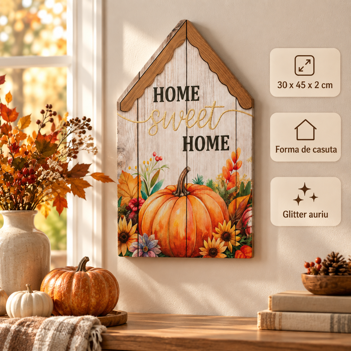 Tablou Casuta Home Sweet Home Cu Dovleci Si Glitter - specificatii - Shopiens