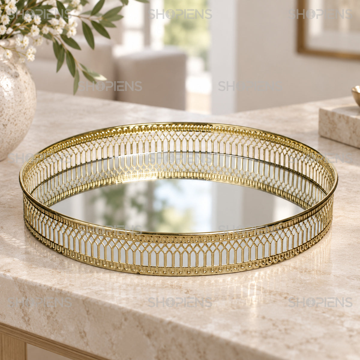 Tavă Decorativă Rotundă Aurie cu Oglindă și Arcade, 25 cm