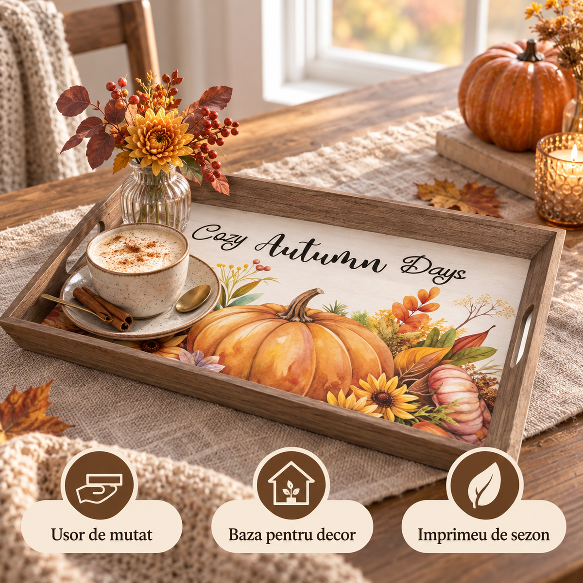 Tava Decorativa Din Lemn Cozy Autumn Days, 45 Cm - avantaje - Shopiens