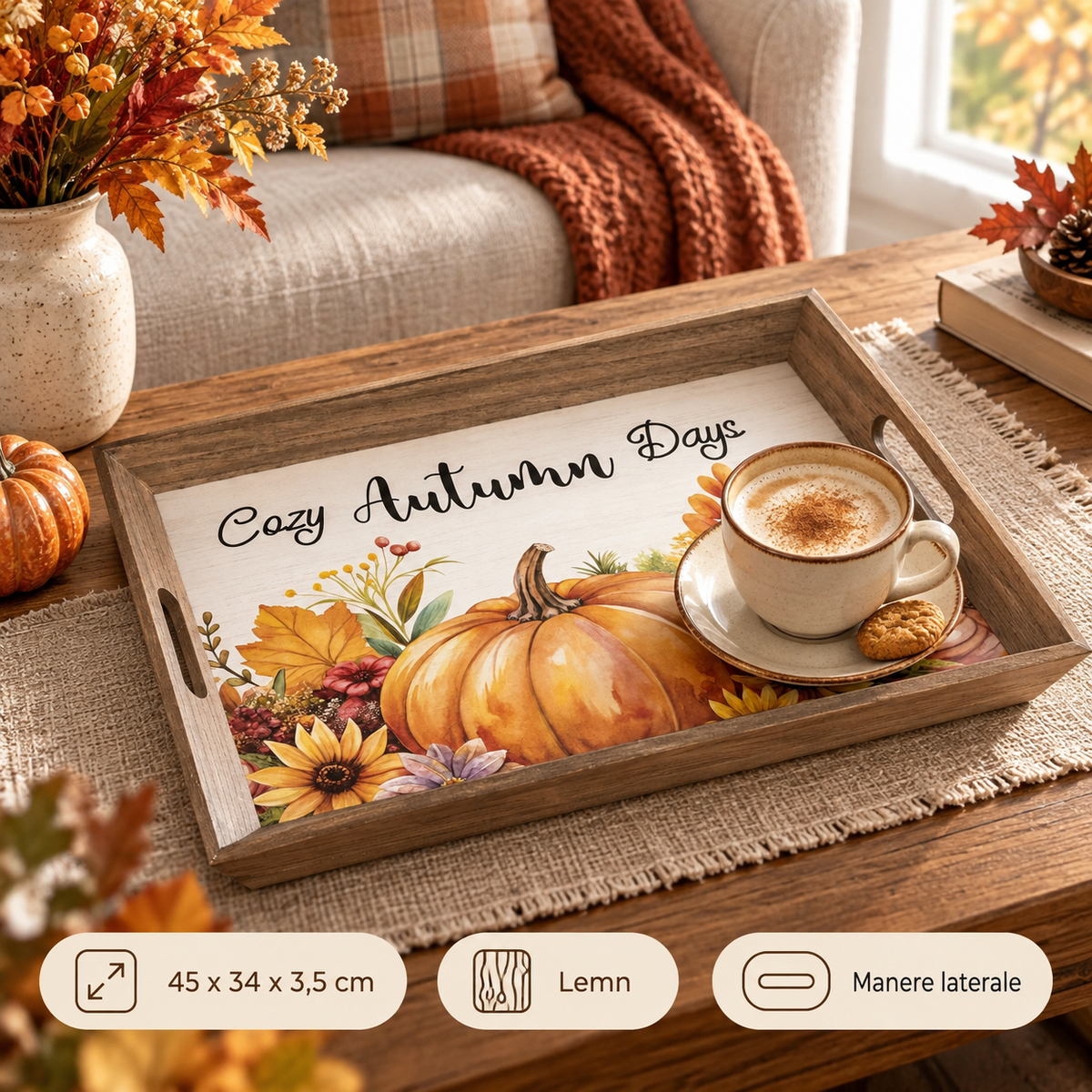 Tava Decorativa Din Lemn Cozy Autumn Days, 45 Cm - specificatii - Shopiens