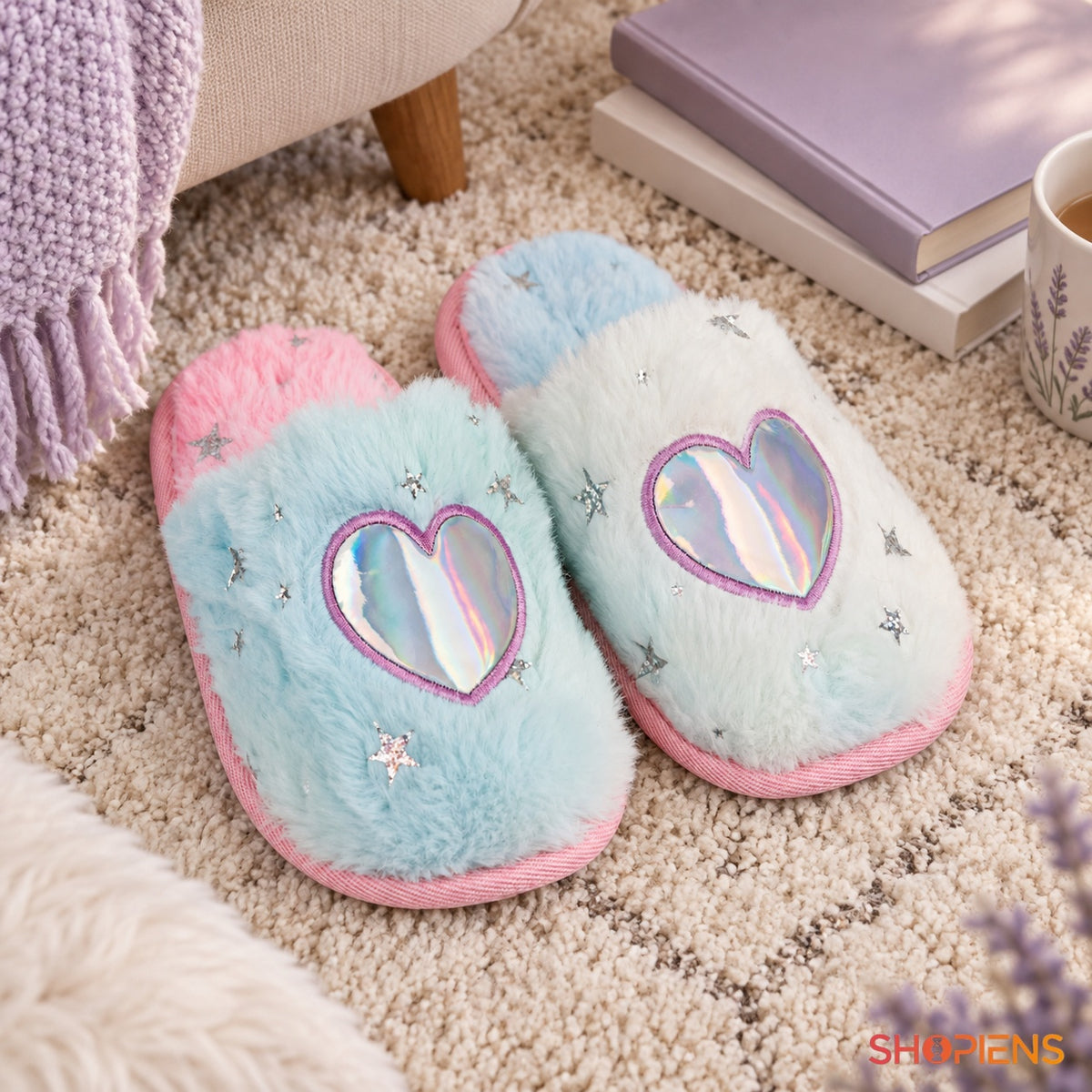 Papuci de casă pastel cu inimă holografică și stele — în decor de casă, mărimea 27-28