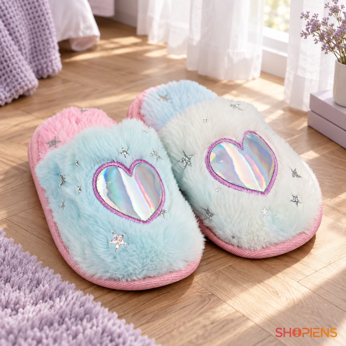 Papuci de casă pastel cu inimă holografică și stele — în decor de casă, mărimea 29-30